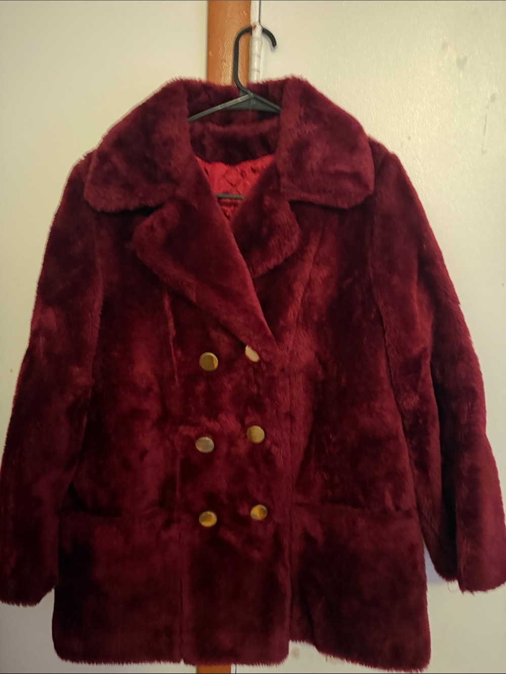 Women's Double-Breasted Burgundy Faux Fur Teddy Coat